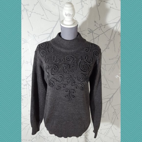 White Stag VTG Gray Wool Blend 3D Swirl Applique Mockneck Sweater - Picture 1 of 5